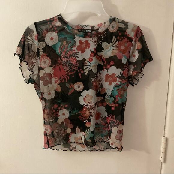 Fashion Nova Above Status Sheer Mesh Floral Top - Picture 1 of 9